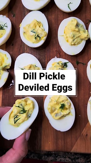 MUST-MAKE RECIPE ALERT: These Dill Pickle Deviled Eggs are bound to be the star of every party and cookout this year… and they're shockingly healthy too! 112 calories. 1 #WWPoints. Get the recipe -> https://www.hungry-girl.com/recipe-makeovers/healthy-dill-pickle-deviled-eggs-recipe | Hungry Girl