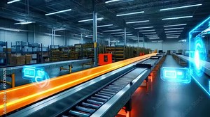 Conveyor belt system in a warehouse with digital interface.