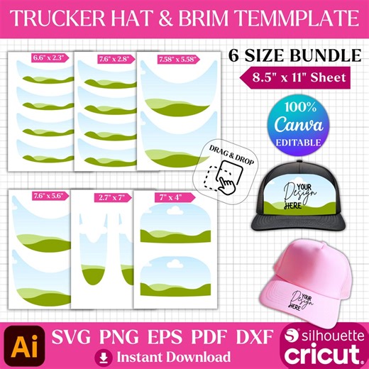 Trucker Hat Brim Template Bundle - Baseball Cap Brim Mockup - Custom Hat Design - Trucker Hat Canva Editable Cricut Silhouette File - Brim - Etsy