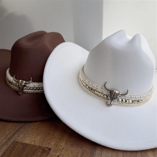 Felt Cowboy Hat With Bull Hat Band – Wide Brim Western Hat White Brown - Etsy