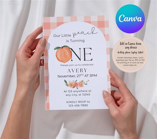 Peach 1st Birthday Invitation, Watercolor Gingham, Canva Template (digital Download) - Etsy