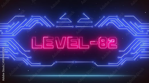 Level 82 gaming achievement screen with neon circuit board, perfect for displaying player ranking and level up progress clips