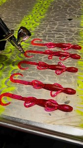 This is exactly how i solved the problem of Jelly Apple Red bleeding into Chartreuse tails, airbrushing them! The paint that I use actually adheres to the soft plastic and doesn’t come off 🔥 To maintain the vibrancy of the chartreuse I do a coat of white first followed by the final coat of chartreuse. The sky is the limit when it comes to what I can do to create custom requests come to life! #airbrushing #custombaits #tippedsoftplastics #softplastics #fishinglures #lizard #lizards #blowup | Gam