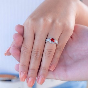 The Halo Ruby and Simulated Diamond Engagement Ring - Modern Gents