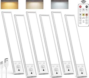 Under Cabinet Lighting Wireless, 2200mAh Rechargeable Battery Operated Motion Sensor Light Indoor, 3 Color Temps Under Counter Light, Dimmable Wireless Closet Lights w/Remote for Kitchen,Pantry,6 Pack