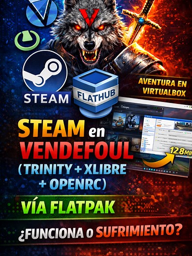 Aventura rápida en una distro rarísima: Vendefoul Wolf Excalibur Trinity (Xlibre OpenRC). Para no pelearme con dependencias, lo hice por Flatpak Flathub: instalación, primer arranque y ajustes en VirtualBox para que no explote el rendimiento. ¿Te animas a probar Steam en distros fuera del mainstream o prefieres ir a lo seguro? #Linux #Steam #Flatpak #Flathub #OpenRC #TrinityDesktop #VirtualBox #LinuxEspañol #OpenSource #DistroLinux #Proton #GamingOnLinux