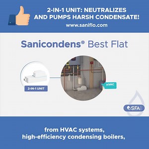 Saniflo's Reliable 2-in-1 low profile condensate pump - neutralizes and pumps away condensate. - Built-in neutralizer to raise pH levels for harsh HVAC applications - ↑ 15 Ft ↑ and/or ← 150 Ft → - 500,000 BTU per hour - Includes all necessary hardware for easy installation Learn more: https://bit.ly/BestFlat | SFA Saniflo USA | Facebook