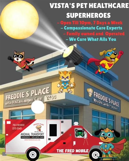 Freddie's Place is Vista's Hybrid Animal Hospital with walk-in Urgent Care & Everyday Veterinary Solutions. Are we Superheros? We'll let the pet loving citizens of Vista and North County decide that! Do YOU Freddie? Fredman, the Bark Knight, thinks you should... #freddiesplaceanimalhospital #thebarknight #bestcareanywhereveteriarian #Doyoufreddie #KeepingTheBallRolling | Freddie’s Place Animal Hospital Urgent Care
