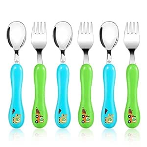 Lehoo Castle 6 Pieces Toddler Utensils, Kids Silverware for 2 3 4 Years Old, Stainless Steel Fork and Spoon Set with Plastic Handle, Safe Toddler Cutlery (Dinosaur)