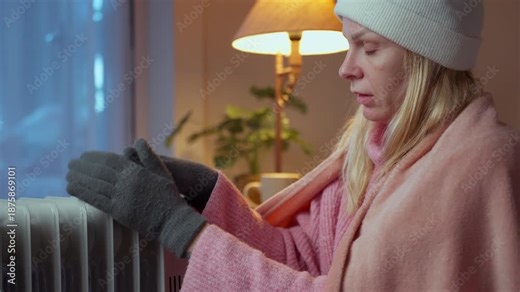 Freezing woman in cold apartment trying to warm hands on radiator during an energy crisis, struggling with high bills and saving money on heating costs during winter.High energy costs concept