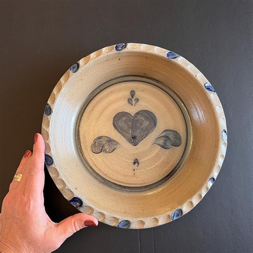 Rowe Pottery Works Stoneware Pie Pan With Salt Glaze and Blue Heart Design, Vintage Kitchen Bakeware, 1989 - Etsy