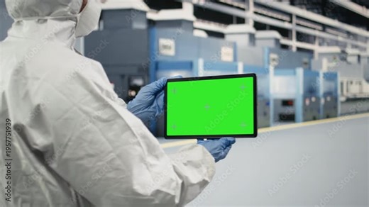 Green screen tablet used by microchip foundry engineer assessing hardware fabrication schedules. Specialist uses mockup device to design semiconductor manufacturing plant layout, camera A