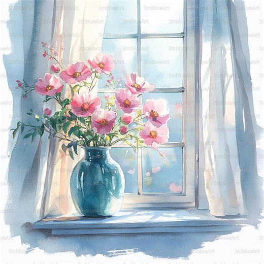 24 Window Flower Clipart, Spring Collection, Sunlit Home Floral Still Life Scene, Watercolor Printable JPG 300 DPI, Scrapbook, Junk Journal - Etsy