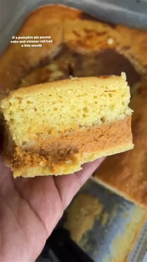 PUMPKIN PIE POUND CINNAMON ROLL CAKE SAVE AND SHARE RECIPE For the Cake 1 box sugar-free yellow cake mix 3 eggs ⅓ cup oil 1 cup water ½ tablespoon vanilla flavoring For the Pumpkin Pie 15 oz can Pumpkin Puree, ½ cup half and half ½ cup heavy cream ½ tablespoon vanilla flavoring 3 large eggs 1 cup brown sweetener @swervesweetie Pumpkin spice and cinnamon powder to taste Extra cinnamon powder to sprinkle on top before baking 🎃 make the cake batter first pour into prepared bake pan, which I used a