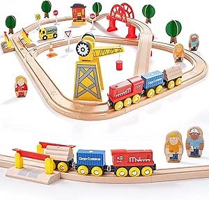 Tiny Land Train Set - 55PCS Wooden Tracks with Exclusive Crane & Trains, Railway Toy Kit for Kids 3+, Boys & Girls