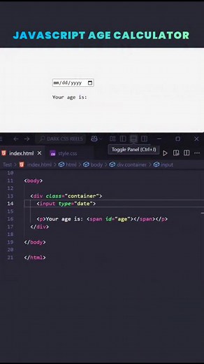Dark CSS | 100K 🎯 on Instagram: "✅ Level up your Coding game 🔥🚀 SIMPLE AGE CALCULATOR using Inline JavaScript in HTML 🎓🧑‍💻 👩‍💻 Source code is available in Website 🌐 CHECK BIO FOR WEBSITE LINK 🔗 🔴 Follow Dark CSS for more web development tips and tricks tutorials 📲🤞 🚨 Don't forget to like 👍 Share 📤 | Follow our page for latest updates [Frontend, Web design, Web development, CSS, CSS Animations, CSS Tips, CSS Tutorials] #htmltips #cssgrid #csseffects #code #developer #codingchallen
