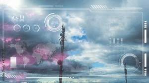 Global Telecommunication towers connecting with cloud network - 3d HUD animation Stock Video