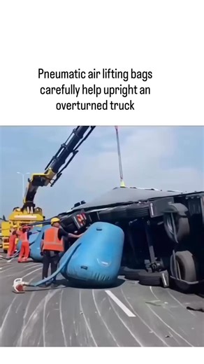 @funnyrrel on Instagram: "The post features a 12-second video demonstrating pneumatic air lifting bags—large inflatable cushions powered by compressed air—assisting in uprighting an overturned semi-truck, with workers and a crane providing support, highlighting a practical engineering solution for vehicle recovery. - These bags operate on Boyle’s Law, where increasing air volume under constant pressure generates lift up to 86 tons per bag (per MatJack specifications), offering a safer alternativ