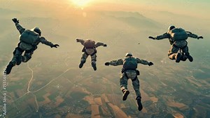 A group of skydivers jumps out of a plane to explore the aerial landscape.
