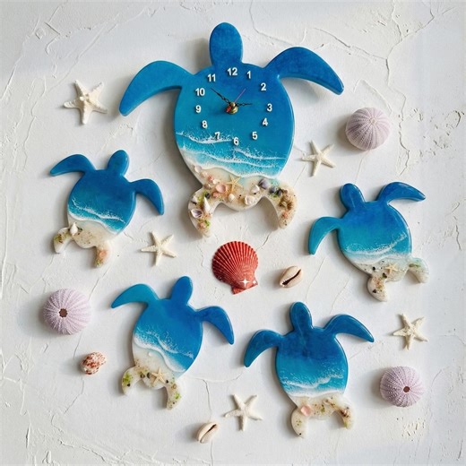 Handmade Resin Sea Turtle Clock With Baby Turtles, Ocean Wave Beach Decor - Etsy