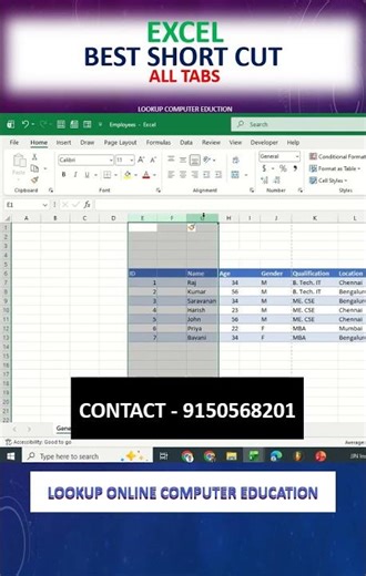 Best Shortcut | Excel | Column and Row | Lookup Online Computer Education #excel #education #tips