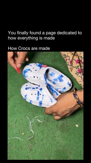 How Everything’s Made on Instagram: "Crocs are made from a special closed-cell resin called Croslite — not rubber, not plastic, but a lightweight foam that softens with your body heat and molds to your feet. It all starts with tiny Croslite pellets. They’re heated, expanded, and injected into custom molds shaped like the classic clog. As the resin cools, it forms that soft, bouncy texture everyone recognizes. After molding, each pair is trimmed, smoothed, and fitted with straps before heading th