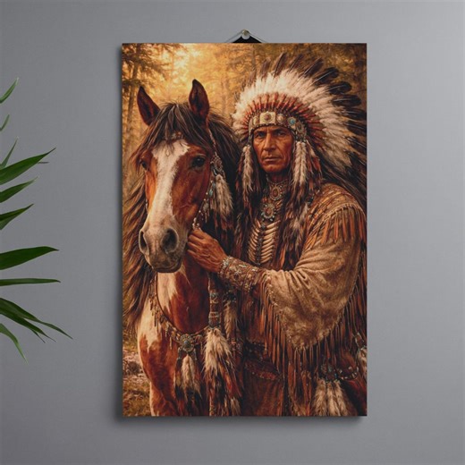 Native American Warrior Wall Art Print, Indigenous Chief With Horse, Western Rustic Decor - Etsy
