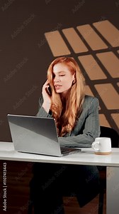 A female freelancer talks on the phone and video call at work. Call center worker. Online work concept. Vertical video