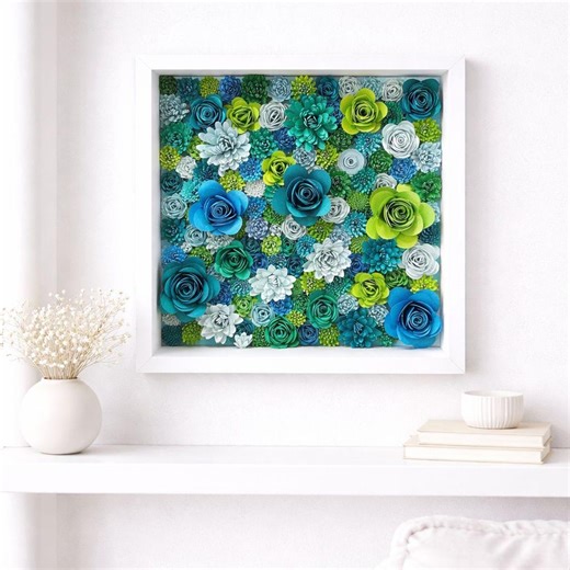 3D Paper Flower Wall Art | Botanical Shadow Box Decor, Handmade Floral Frame - Etsy