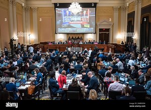 A video is played as an exhibit as the House select committee investigating the Jan. 6 attack on the U.S. Capitol continues to reveal its findings of a year-long investigation, at the Capitol in Washington, Monday, June 13, 2022. (Jabin Botsford//The Washington Post via AP, Pool Stock Photo - Alamy