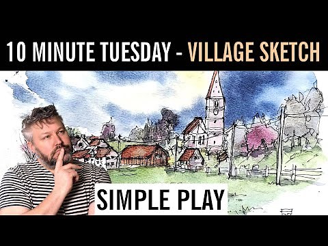 Fountain Pen Drawing | 10 Minute Tuesday – Ink and Watercolor Village Scene