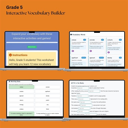 Grade 5 Vocabulary Builder Interactive Worksheet | English Teaching Printables | Digital Language Learning| Homeschooling English Worksheet - Etsy