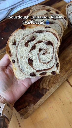 ✨ Soft Sourdough Cinnamon Raisin Swirl Bread ✨ Dough: 150 g active sourdough starter 280 g warm water 25 g avocado oil 50 g sugar 10 g vanilla 500 g bread flour 10 g salt Add ins: 100 g raisins (soaked in hot water & patted dry) Filling: 1/4 cup or 50 g brown sugar 2 tsp cinnamon 1 tbsp 1 tsp bread flour Mix the dough and let it rest 1 hour. Do 3 sets of stretch and folds every 30 minutes, adding the raisins during the second set. Bulk ferment until jiggly and airy. Roll into a 9×18-inch rectang