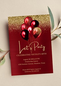 Editable Red and Gold Birthday Invitation, Let's Party Red Balloons Invite, Printable or Text - Etsy