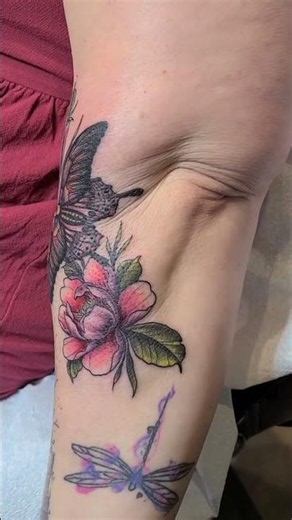 Dark Butterfly and Wildflower Bouquet Tattoo by Nancy at ATS Ft Drum