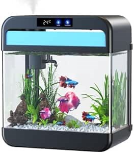 Aquarium 2.2 Gallon Betta Fish Tank with 3-in-1 Self Cleaning Silent Water Pump and 7 Color Circulation Light Glass Tank with Temperature Display Screen, Smart-Black