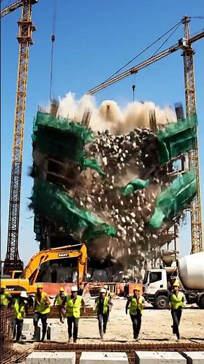 Building demolition works with falling debris and dust.