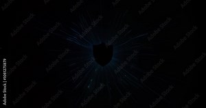 A futuristic shield, pulsating with energy, Its spherical force field expands outwards, revealing a high-tech spectacle as particles explode in a dynamic display.