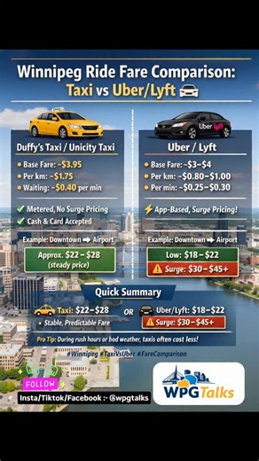 🚕 Winnipeg Ride Fare Comparison: Taxi vs Uber/Lyft 🚗 Wondering which ride is cheaper in Winnipeg? Here’s a simple fare breakdown 👇 🔹 Duffy’s Taxi / Unicity Taxi 💲 Base fare: ~$3.95 💲 Per km: ~$1.75 💲 Waiting time: ~$0.40 per minute ✔ Metered & city-regulated ✔ No surge pricing (price stays same during snow, rush hours & events) ✔ Cash & card accepted ➡ Example: Downtown → Airport 🟢 Approx $22–$28 (steady price) 🔹 Uber / Lyft 💲 Base fare: ~$3–$4 💲 Per km: ~$0.80–$1.00 💲 Per minute: ~$