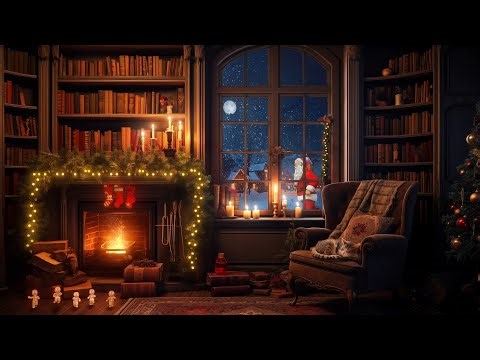 Old Library Christmas Ambience | Fireplace Crackling & Light Wind Breeze on Study Christmas Ambience