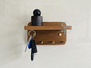 Walnut Key Rack With Shelf: Magnetic Key Holder & Brass Hooks - Etsy