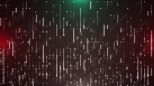 A futuristic animation with falling data streams, glowing lines, and a vibrant green and red color scheme.