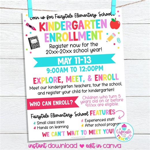 Editable Kindergarten Enrollment Registration Flyer Template | Back to School PTO PTA Invitation | Future Kindergartener | Edit in Canva - Etsy