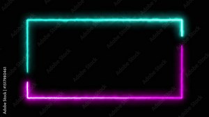 Neon rectangle light frame, glimmering electric motion on black background. retro laser light with shiny neon frame. The stream of light is flowing in rectangle lines. Neon rectangular loop background