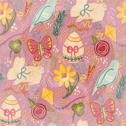 Spring Easter Seamless Pattern, Bunnies, Birds, and Florals on a Textured Background (digital PNG) - Etsy