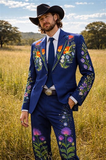 Men's Blue Floral Embroidered Western Suit, Vintage Inspired Ranch Wedding Outfit - Etsy