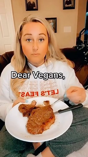 Danny Ishay on Instagram: "Transforming this definitely not overused joke. If people genuinely started doing this, the public would freak out, just like they did during the whole “they’re eating the dogs, they’re eating the cats” ‘incident’ in Springfield, Ohio. @mindinicole26 #vegan #veganism #veganinstagram #veganinspiration #vegandiet #plantbased #steak #meat"