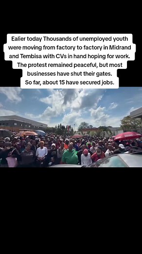 Thousands of unemployed youth are moving from factory to factory in Midrand and Tembisa with CVs in hand hoping for work. The protest remains peaceful, but most businesses have shut their gates. So far, about 15 have secured jobs. #Tembisa #southafrica #unemployment #Midrand #mk