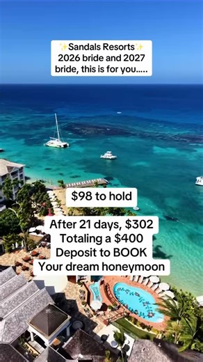 ✨The Honeymoon Edit✨ on Instagram: "POV: You thought an all-inclusive Caribbean vacation had to be paid all at once 😅🌴 But SANDALS said… nah. ✨ $98 deposit locks in your trip ✨ Flexible monthly payments ✨ Pay it off little by little ✨ STILL get luxury, butler service, gourmet dining, premium drinks, watersports, airport transfers — ALL INCLUDED So no… you don’t need to “have all the money right now.” You just need a date, a passport, and a payment plan 💳✈️ Your dream honeymoon or couples geta