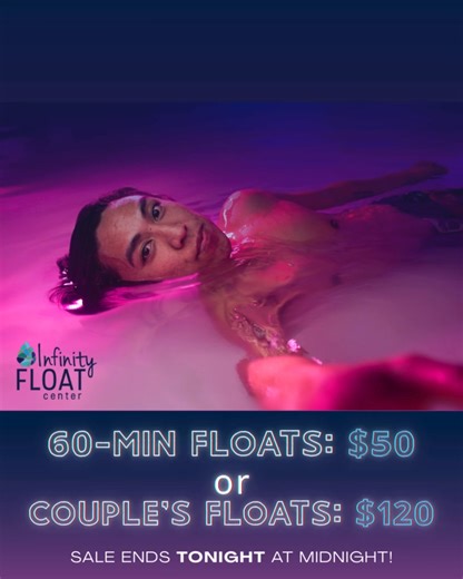 $50 FLOATS?! Yep. You read that right. 朗 Seasoned floater? You know this is a steal — code RECHARGE. ✨ Never floated? Always been curious? It’s $50… get in here — code RECHARGE  Want to share the experience? Couple’s Floats are only $120 — code RECHARGE ⚡ This 6-day sale ends TONIGHT! Don’t miss it. https://infinityfloat.floathelm.com//store Use promo code RECHARGE InfinityFloat.com | Infinity Float Center | Facebook